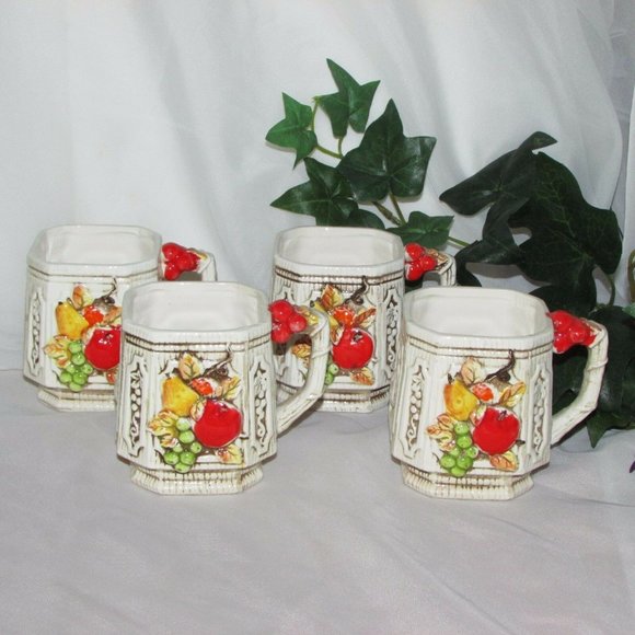 4 Vintage Ceramic Coffee Mugs Hand Painted Fruit Majolica Japan Kitchen Decor - Picture 1 of 11